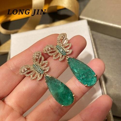 Korean Ladies Earrings Green Zircon Butterfly For Women Ice Cracked Green Cubic Zircon Large Water Drop Retro Jewelry Серьги