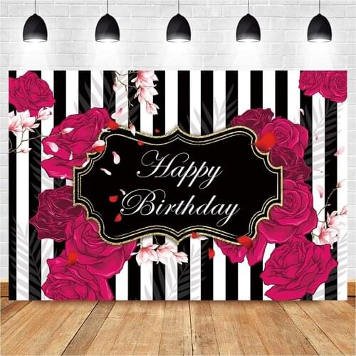 Red Rose Black White Stripes Happy Birthday Photography Backdrop Woman Princess Girl Photo Background Dessert Cake Table Decor