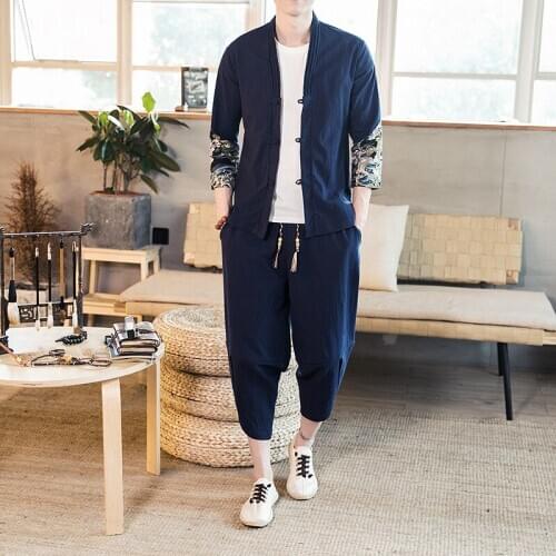 Summer Men Sweatsuits Sportswear Linen Loose Chinese Traditional Suit Sweatshirt+pant Casual Jogger Workout Meditation Yoga Set