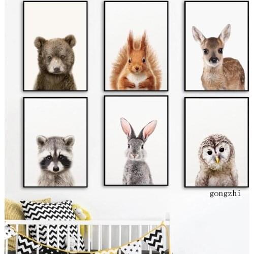 Cute Bear Rabbit Owl Raccoon Squirrel Nordic Posters Animal Canvas Painting and Prints Nursery Wall Art Pictures Kids Room Decor