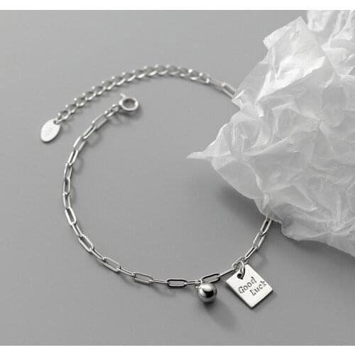 "good luck" letter 100% real. 925 Sterling silver Fine Jewelry O Chain Bracelet Ball Square Charms womens C-S4587