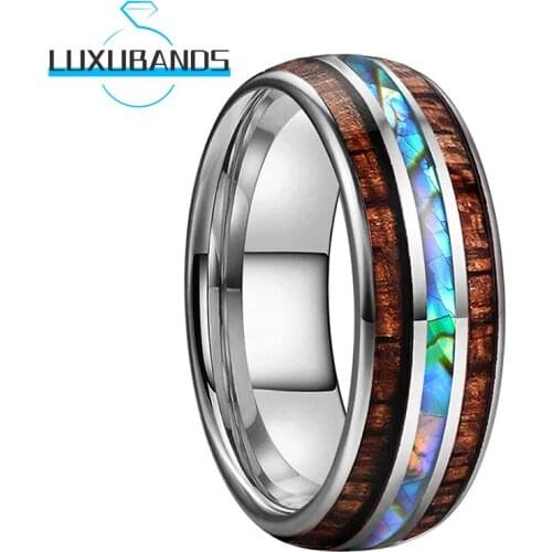 8MM Womens Mens Tungsten Wedding Rings Abalone Shell Chip Koa Wood Inlay Grooved Engagement Bands Polished Finished Comfort Fit