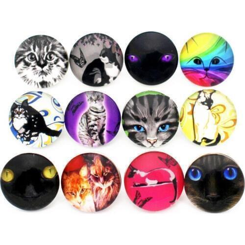 Wholesale New Snap 12pcs/lot Cat Animal Glass Snap Buttons Charms Fit 18mm Giger Snap Necklace Bracelet DIY Jewelry Making