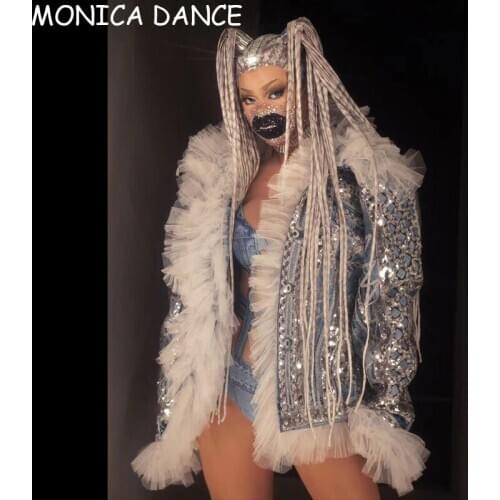 Sexy Glisten Sequin Blue Denim Jacket Birthday Celebrate Performance Costume Outfit Women Coat Singer Dance Show Evening Wear
