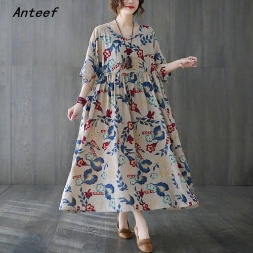 Short sleeve cotton vintage floral dresses for women casual loose long woman summer dress elegant clothes 2021