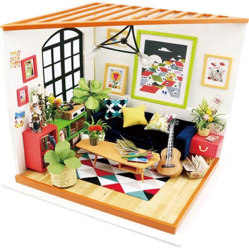Robotime DIY Wooden Dollhouse Miniature Dollhouse with Furniture Locuss Sitting Room Gift Toys for Children DG106