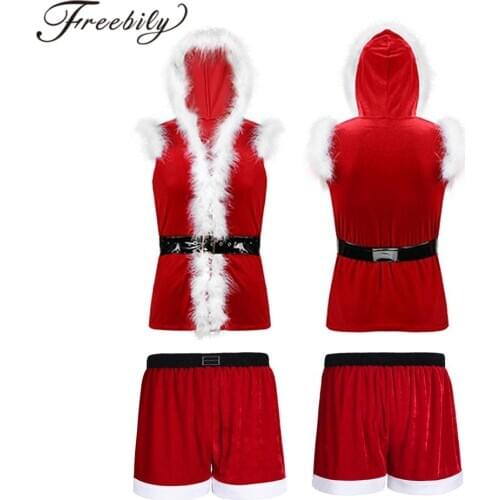 Christmas Clothes Men Velvet Hooded Coat With Boxer Shorts Set Mens Chrismtas Santa Claus Costume Cosplay Holiday Party Dress Up
