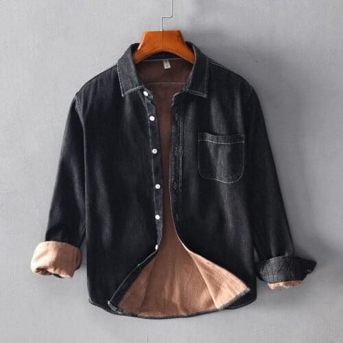 Fashion Male Velvet Jeans Shirts Camisa Masculina 3Xl Men Winter Thick Slim Fleece Warm Slim Long Sleeve Casual Denim Shirt