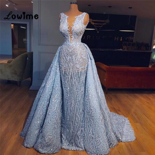 Blue Two Pieces Arabic Evening Dress With Detachable Train African Party Gowns 2018 Custom Made Abendkleider Long Prom Dresses