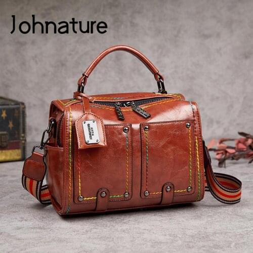 Johnature Fashion Women Boston Bag 2021 New Versatile Portable Pu Leather Handbag Large Capacity Shoulder & Crossbody Bags