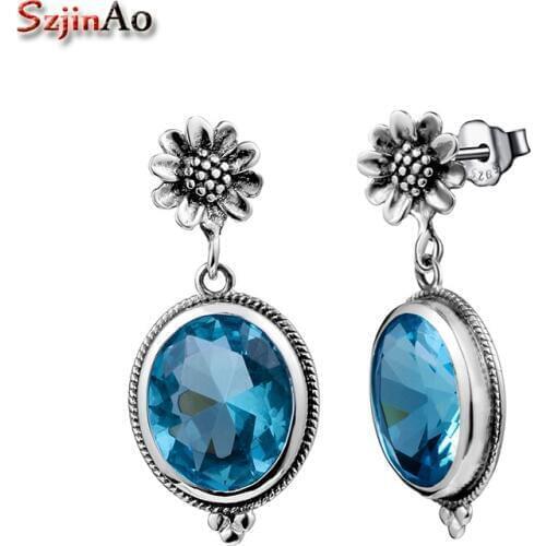 Szjinao Fashion Big Stone Women Vintage Style Blue Aquamarine Flower 925 sterling silver Earings Jewelry Brincos Bijoux Femme