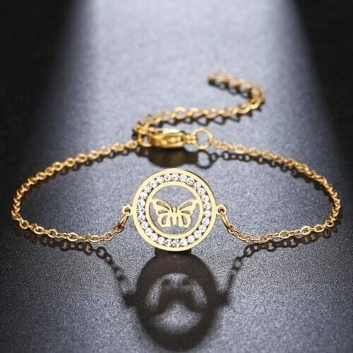 CACANA 316L Stainless Steel For Women Crystal Bracelet Classic Butterfly Style Round Bracelets Gold Color Engagement Jewelry