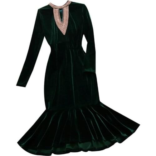 Embroidered gold velvet mermiad dress women autumn winter temperament slim mid-length trumpet dress