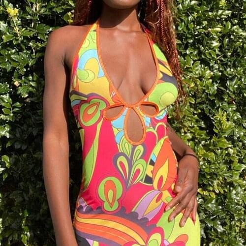 SKMY Summer New Street Style Sexy Graffiti Printing Hollow V-Neck Open Back Short Dress High Waist Halter Beach dress 2021