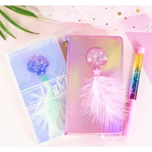 1 set Ins Gifts Kawaii Magic Feather Notebook /Colorful Sea Shell Girls Secret Creative Diary Book With Colorful Hourglass pen