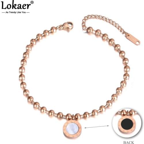Lokaer Bohemia Beach Stainless Steel Charm Anklet Foot Jewelry Acrylic Shell Roman Numeral Chain & Link Anklets For Women A19016