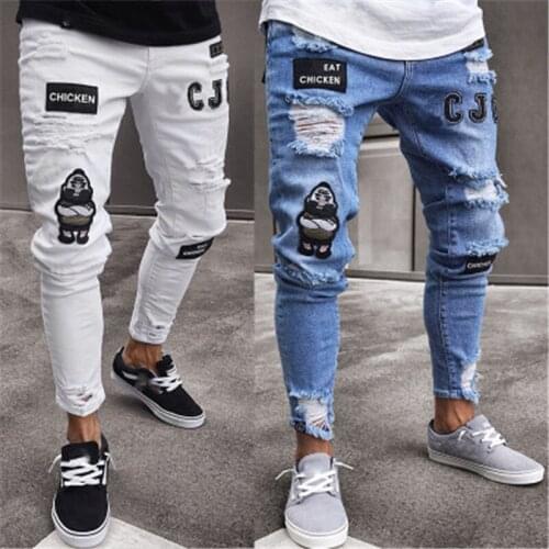 New arrival Jeans men hole Streetwear brand Jeans Homme Hip Hop Broken modis male Pencil Biker Embroidery Patch Pants