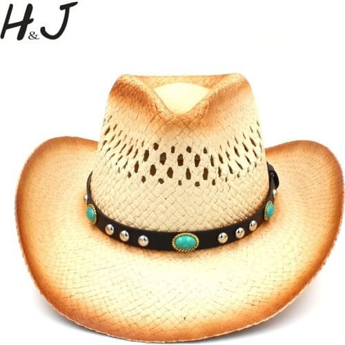 Women Men Sun Hat With Punk Leather Band Straw Lady Dad Beach Sun Sombrero Cap Mesh Cowboy Jazz Hat Size 58CM