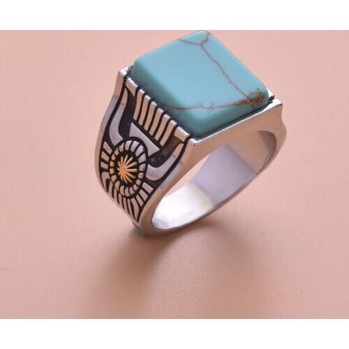 Boho Tribal Geometric Square Turquoises Stone Rings Vintage Antique Handmade Carved Flower Rings Indian Jewelry