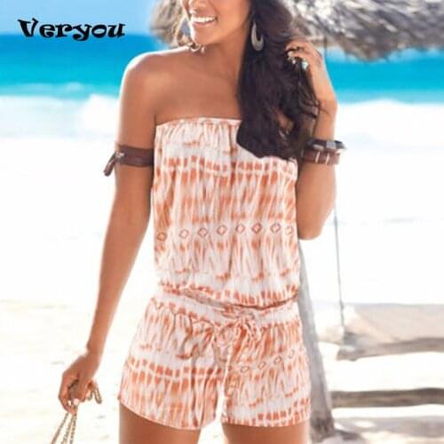 Women Jumpsuit Rompers Sexy Strapless Fashion Print Summer Shorts Ladies Casual Overalls Boho Beach Orange Bodysuits 2021