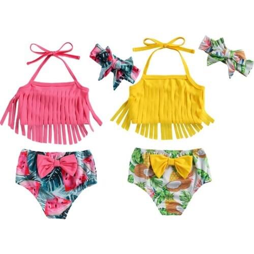 Three-pieces Swimsuit Kids Baby Girl Swimwear Summer Boho Tassel Halte Top+Bow Bottoms+Headband Infant Baby Beach Wear 0-3Y