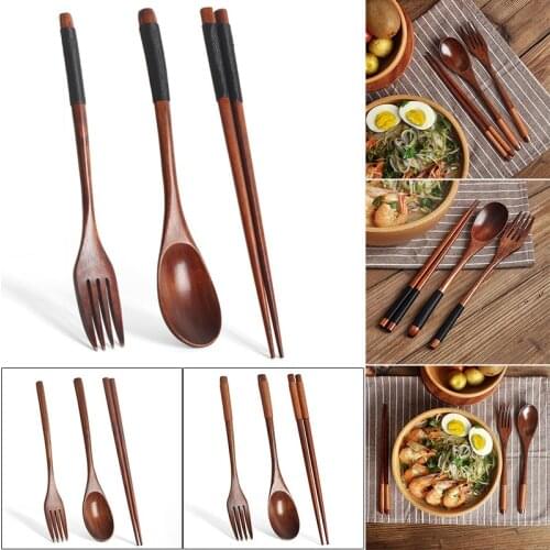 3-Piece Set Korean Wooden Portable Tableware Fork Spoon Chopsticks For Outdoor Camping Picnic PI669