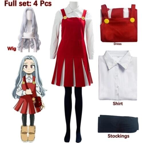 Lacauch Anime My Hero Academia Eri Cosplay Full set of 4Pcs Costume Uniform Red Dress Halloween Costume Wig and Hairnet