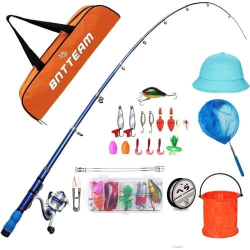 Mini Spinning Reel & Rod Combos With Telescopic Fishing Rod Reel Lures Hat Folding Bucket Net Line Set for Kids/Beginners
