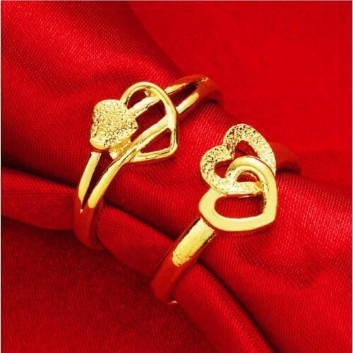 Fashion luxury double Heart Shaped Wedding Rings Womens 18KGF gold color Engagement Rings Glamour Jewelry free size