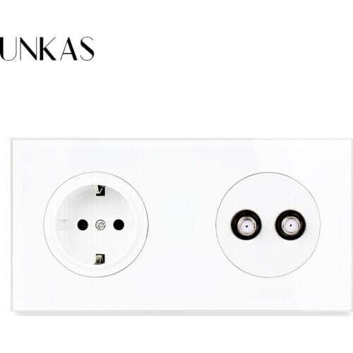 UNKAS 16A EU Standard Wall Socket + Female Dual Satellite Cable TV Connector Jack 172MM*86MM Tempered Crystal Glass Panel Outlet