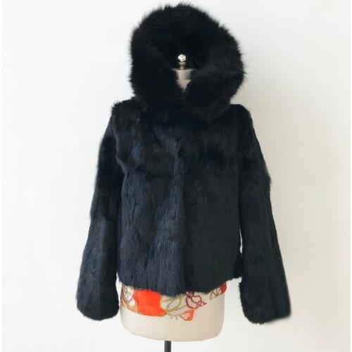 New Short Real Fur Coat For Women Hood Natural Fox Fur Collar Genuine Rabbit Fur Dropshipping Female Hoody Jacket tsr454