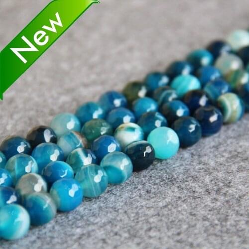 New For Necklace 10mm Faceted Natural Stripe Blue Onyx Beads Round DIY Loose Beads Carnelian Stone 15inch Fashion Jewelry Making