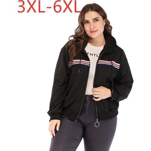 New 2021 Ladies Spring Autumn Plus Size Hoodie Jacket For Women Large Long Sleeve Loose Zipper Stripe Black Coat 3XL 4XL 5XL 6XL
