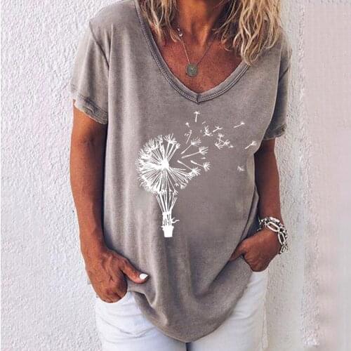 Plus Size Womens Tee Shirts New Dandelion Prints T Shirt Women Graphic T-shirt Casual V Neck Tee Short Sleeve Summer Tops