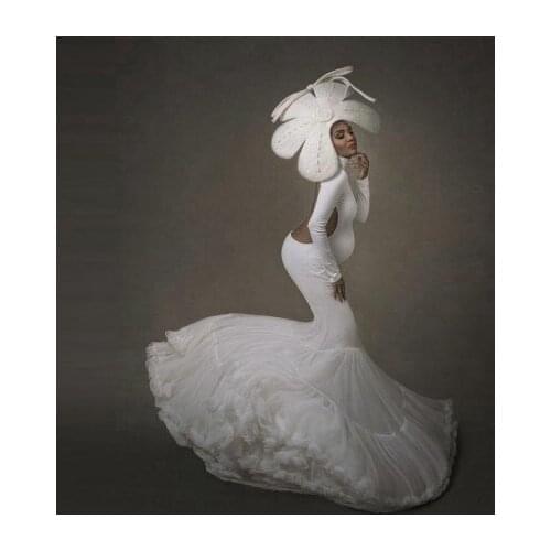 Chic Mermaid Maternity Dresses Long Sleeves High Neck Baxkless Tulle Trumpet Ruffles Sexy Photo Shoot Stretchy Pregnancy Dre