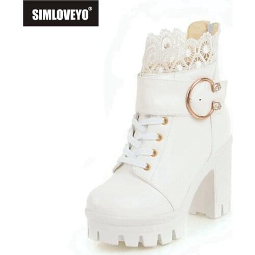 SIMLOVEYO 2021 Ankle Boots Stweet Platform Cosplay Metal Decoration Zip Belt Buckle Lace Up 10CM Block Heel Black White A4465