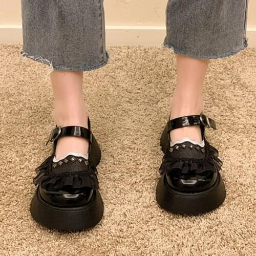 Lolita Shoes Rivets Lace Flat on Platform Shoes Female Round Toe Thick Sole Mary Janes Shoes Buckle Strap Girls Princess 9316L