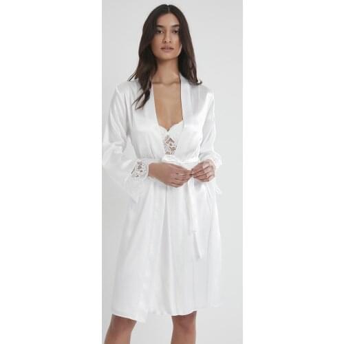 Womens Satin Ruched Nightgown & Dressing Gown Suit-4265 Raw White