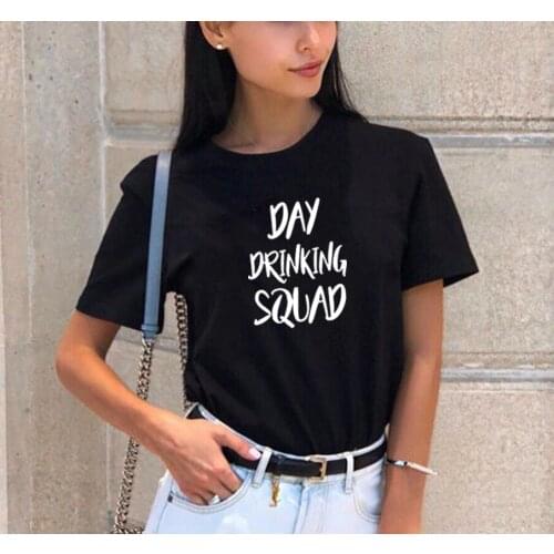 Day Drinking Print Summer T-shirt Women O-neck Cotton Short Sleeve Funny Tshirt Women Top Loose T-shirt Femme Black White