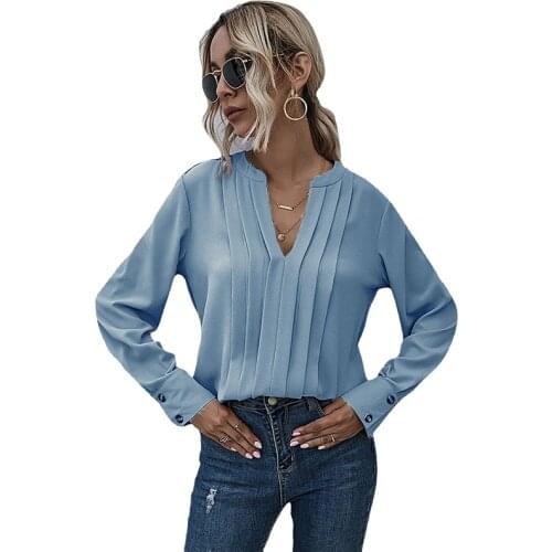 WYWMY Women Chiffon Blouse V-neck Long-sleeved Pleated Chiffon Commute Pullover Shirt Business Office Solid Color Lady Blusas