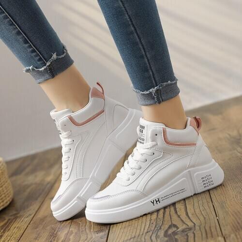 Luxury 2020 Women Sneakers Flats Shoes Woman High Top Leather Flat Platform Shoes Fashion Solid Lace-Up Round Toe High Quality