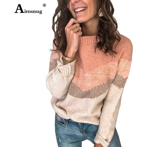 2020 Autumn Winter Pullovers Patchwork Color Sweater Women Long Sleeve O-neck Tunic Outerwear Fashion Women Knitting Sweaters