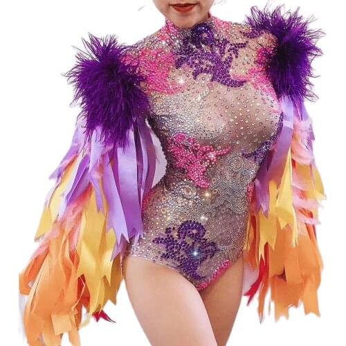 Multi-Color Ribbon Long Sleeve Women Shiny Diamonds Bodysuit Skinny Stretch Leotard DJ Singer Dance Stage Wear Pole Dance Outfit