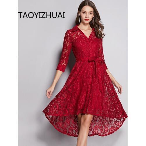 TAOYIZHUAI New Arrival Hot Festival Sashes Squar Collar Loose Three Quarter Sleeves Party Office Ladys Lace Dress 11754
