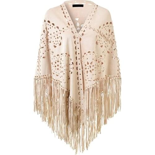 Ladies Elegant Suede Open Poncho Shawl Wrap with Laser Cut Patterns and Statement Fringing Tassel