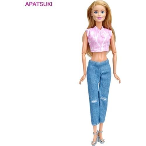 1Set Fashion Outfits For Barbie Doll Clothes 1/6 Pink Handmade Short Top & Jeans Pants For Barbie Dollhouse 1/6 Kids Toy