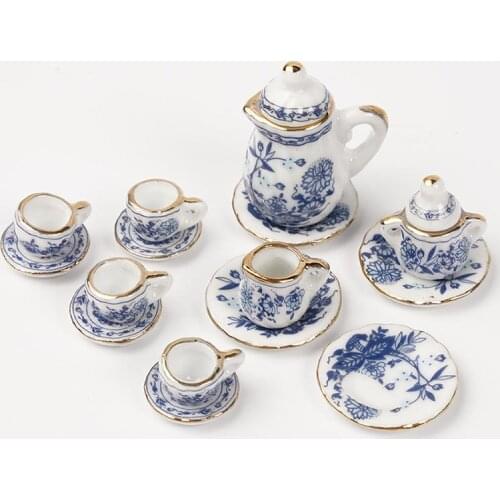 15pcs/set dollhouse miniature blue and white set Ceramic simulation pot cups plates model set toy Dollhouse accessories