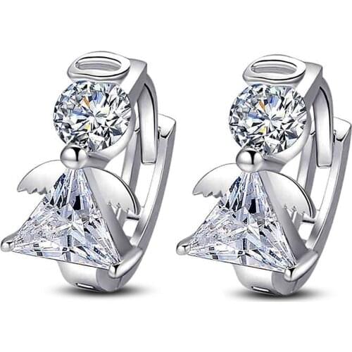 2021 Fashion Angel Design Stud Earrings Luxury Double Crystal Earrings For Women Silver Color Ear Jewelry Statement