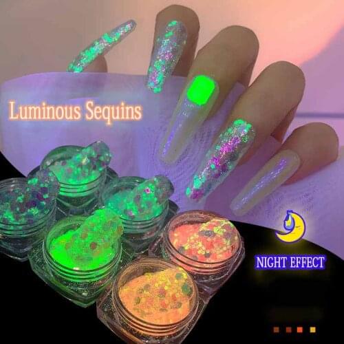 6pcs Luminous Nail Neon Glitter Sequin Hexagon Fluorescent Pink/Blue/Orange Flake Glow in the Dark Nail Art Manicure Decoration