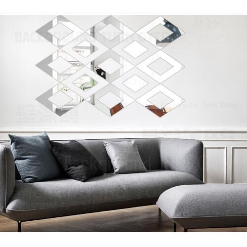 9sets Mirror Wall Stickers Decals Room Bedroom Sticker Walls Rhombus Diamond Hollow Cavity Geometry Simple Shape Tiles R163